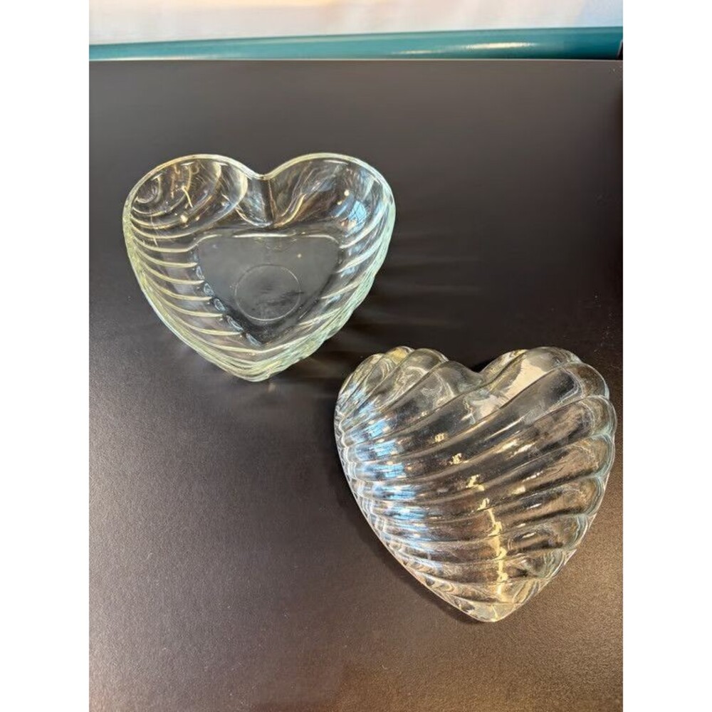Pressed Glass Heart Bowls Pair Swirled Ribbed Clear Candy Dishes 5 in